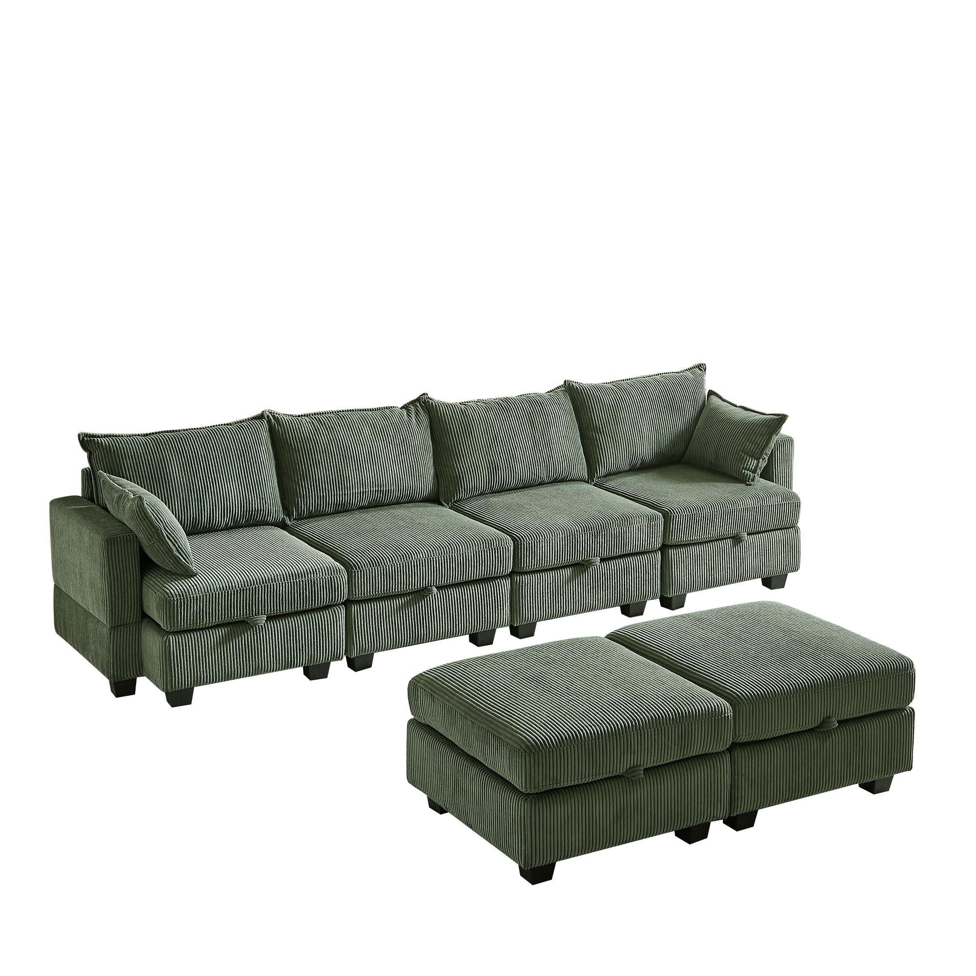Green 6-seat modular sectional sofa with corduroy fabric, U-shaped design, and storage ottoman.