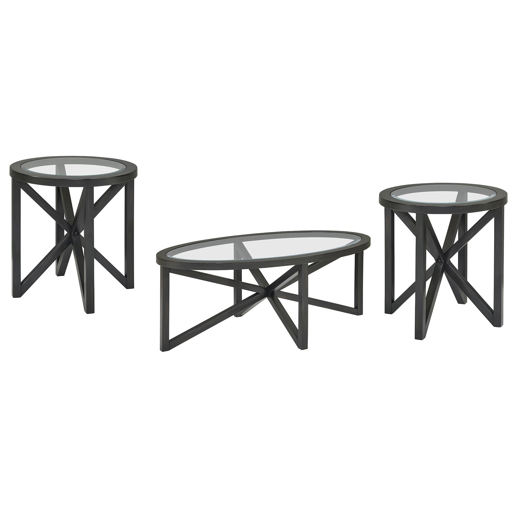 Modern simple glass coffee table set with round tempered glass tops and black solid wood bases for living room.