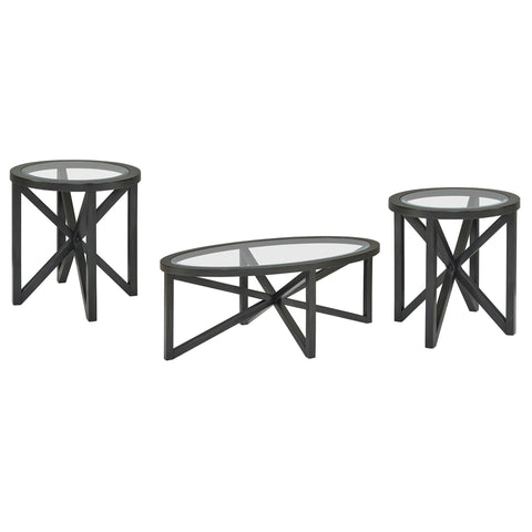 Modern simple glass coffee table set with round tempered glass tops and black solid wood bases for living room.