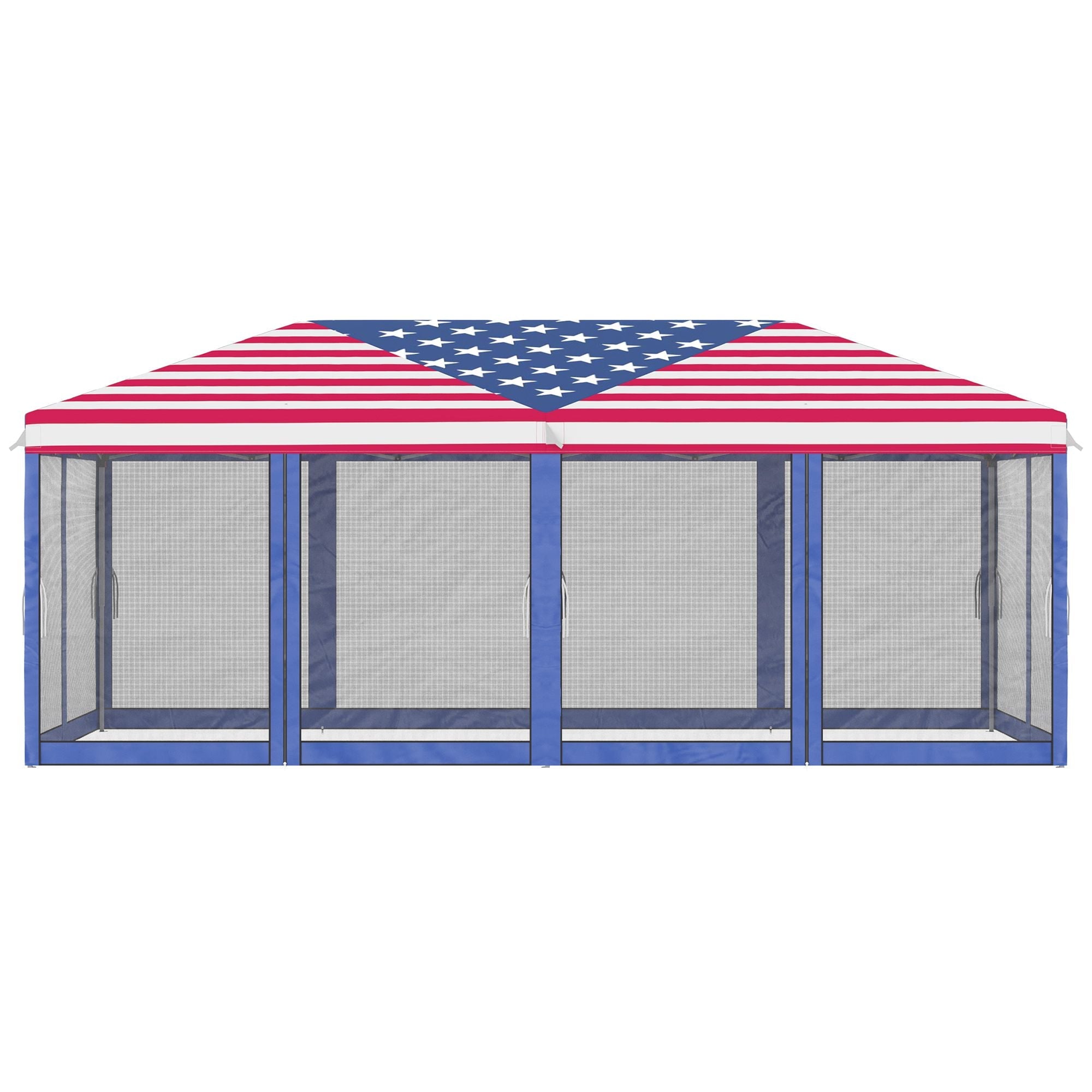 Patriotic 10x20 pop-up canopy tent with American flag design and mesh sidewalls for outdoor gatherings