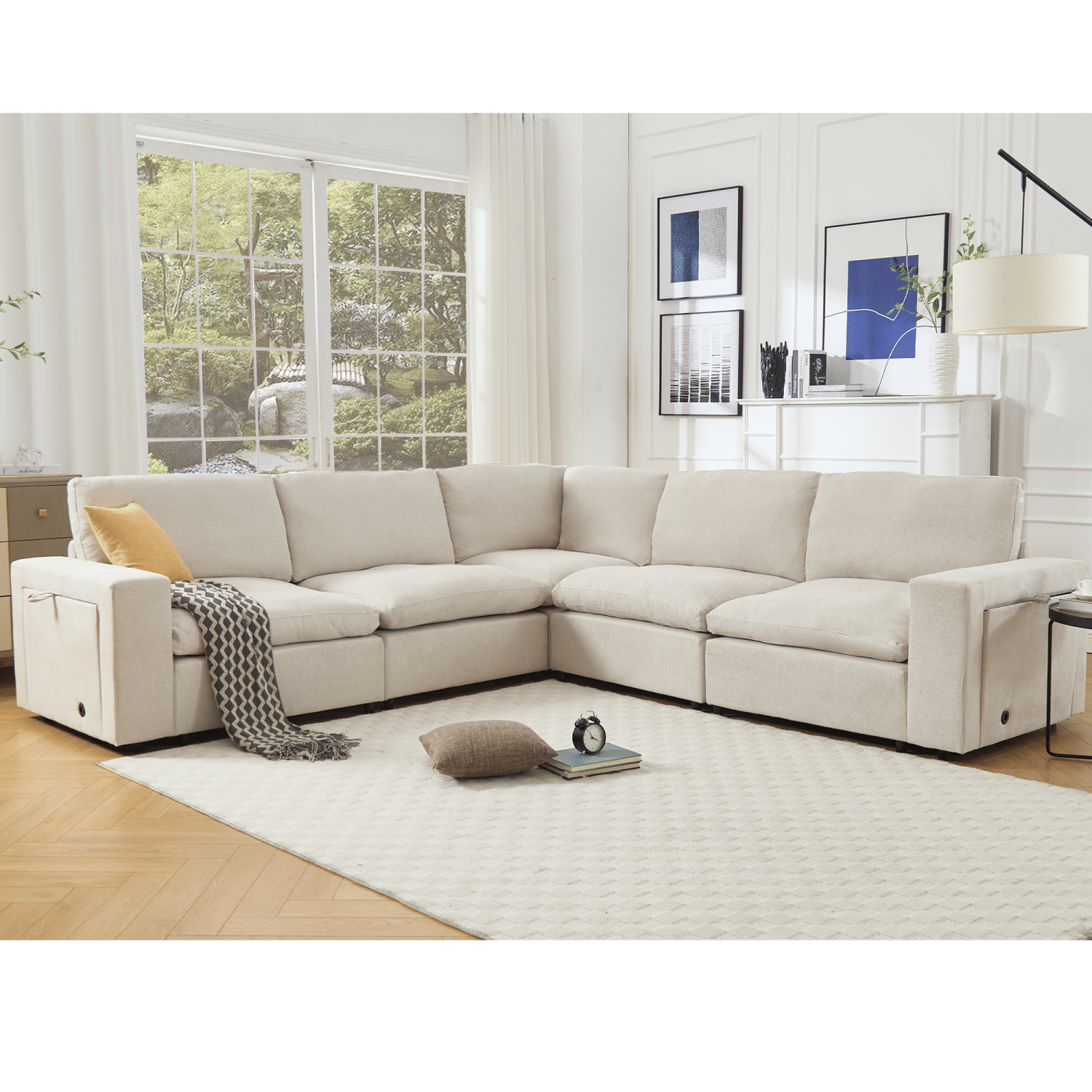 Beige L-shaped modular sectional couch for living room with soft linen fabric, wireless charging ports, cup holders, and book storage compartments, seating 5 people.