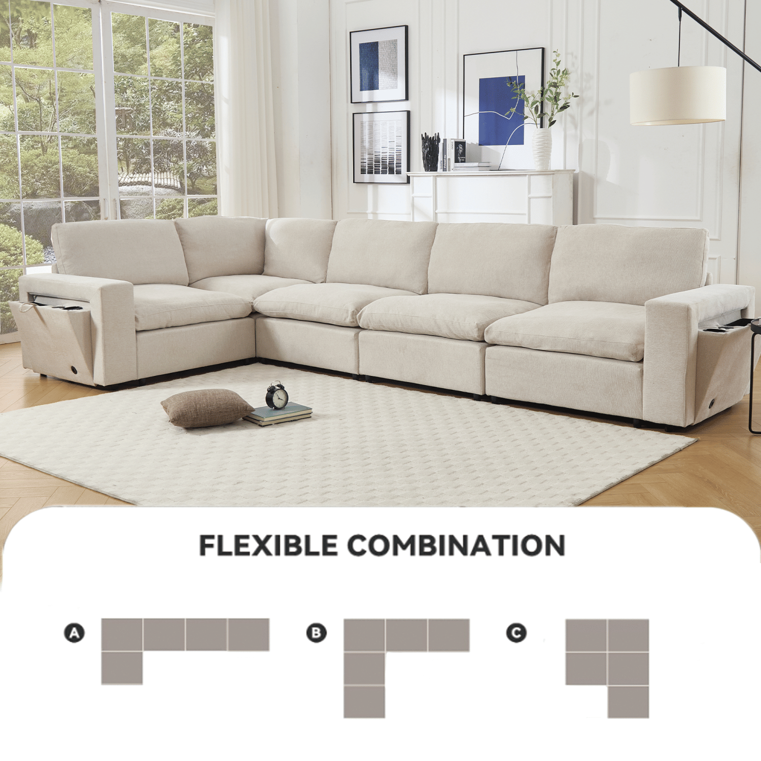Beige modular sectional couch for living room with soft linen fabric, wireless charging ports, cup holders, book storage, and flexible L-shaped combination seating five people.