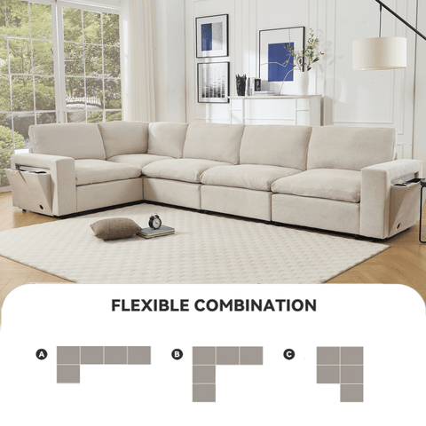 Beige modular sectional couch for living room with soft linen fabric, wireless charging ports, cup holders, book storage, and flexible L-shaped combination seating five people.