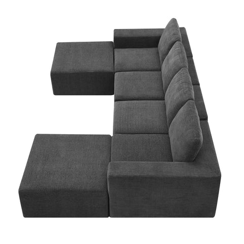 Luxury modular U shaped sectional sofa in dark gray chenille fabric with ottomans, seating six, no assembly required