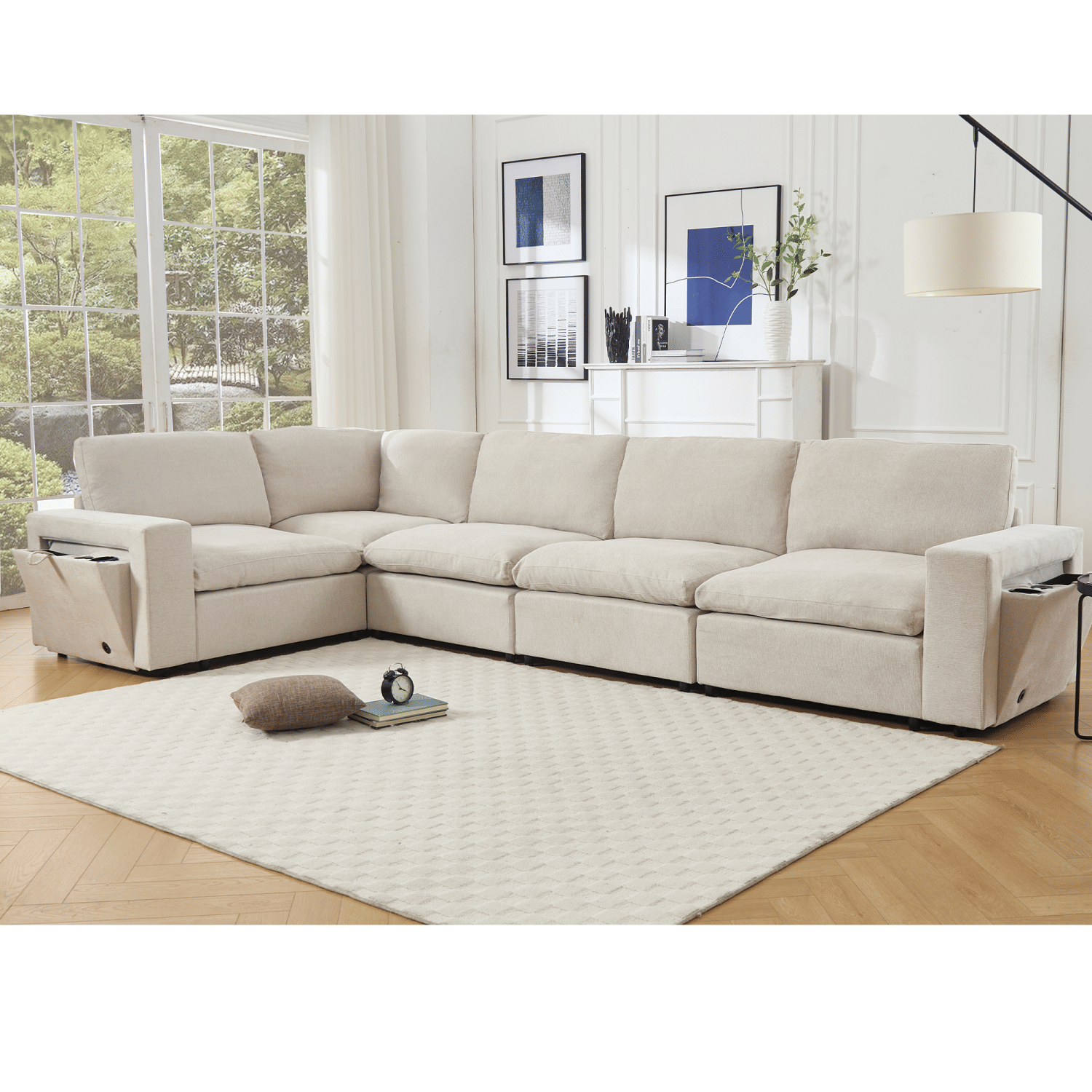 Beige modular sectional couch for living room with wireless charging ports, cup holders, and soft linen fabric upholstery.