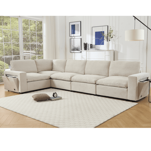Beige modular sectional couch for living room with wireless charging ports, cup holders, and soft linen fabric upholstery.
