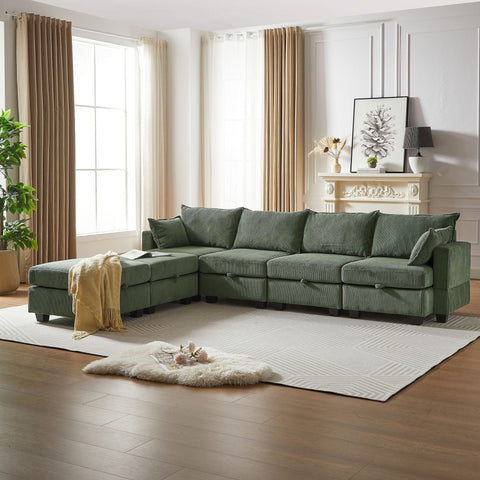 Green modular sectional sofa with corduroy fabric, U-shaped 6-seat design with chaise and storage ottoman in modern living room