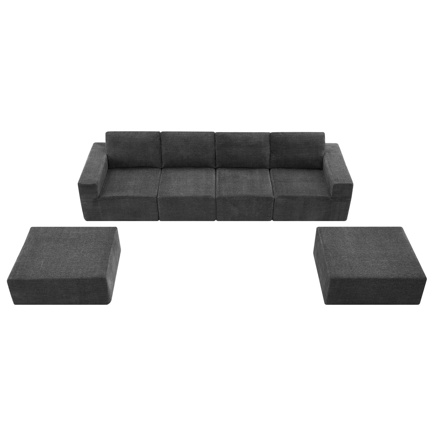 Luxury modular U shaped sectional sofa in dark gray chenille with two ottomans, no assembly required, seats six.
