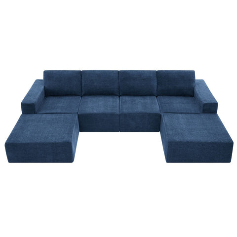 Luxury navy chenille modular U-shape sectional sofa with ottomans, 6-seat capacity, plush foam and spring support, no assembly required