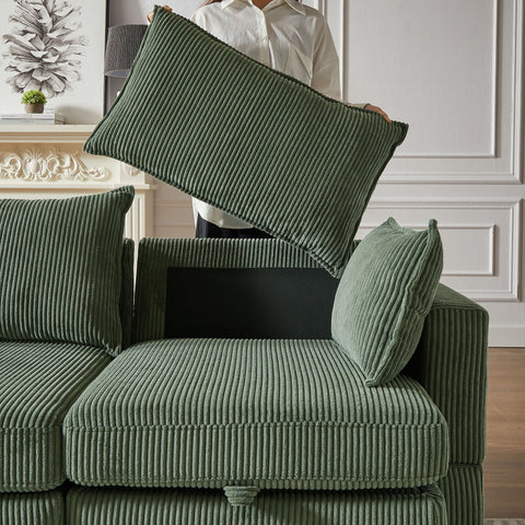 Green corduroy modular sectional sofa with storage ottoman and removable cushions in a living room setting