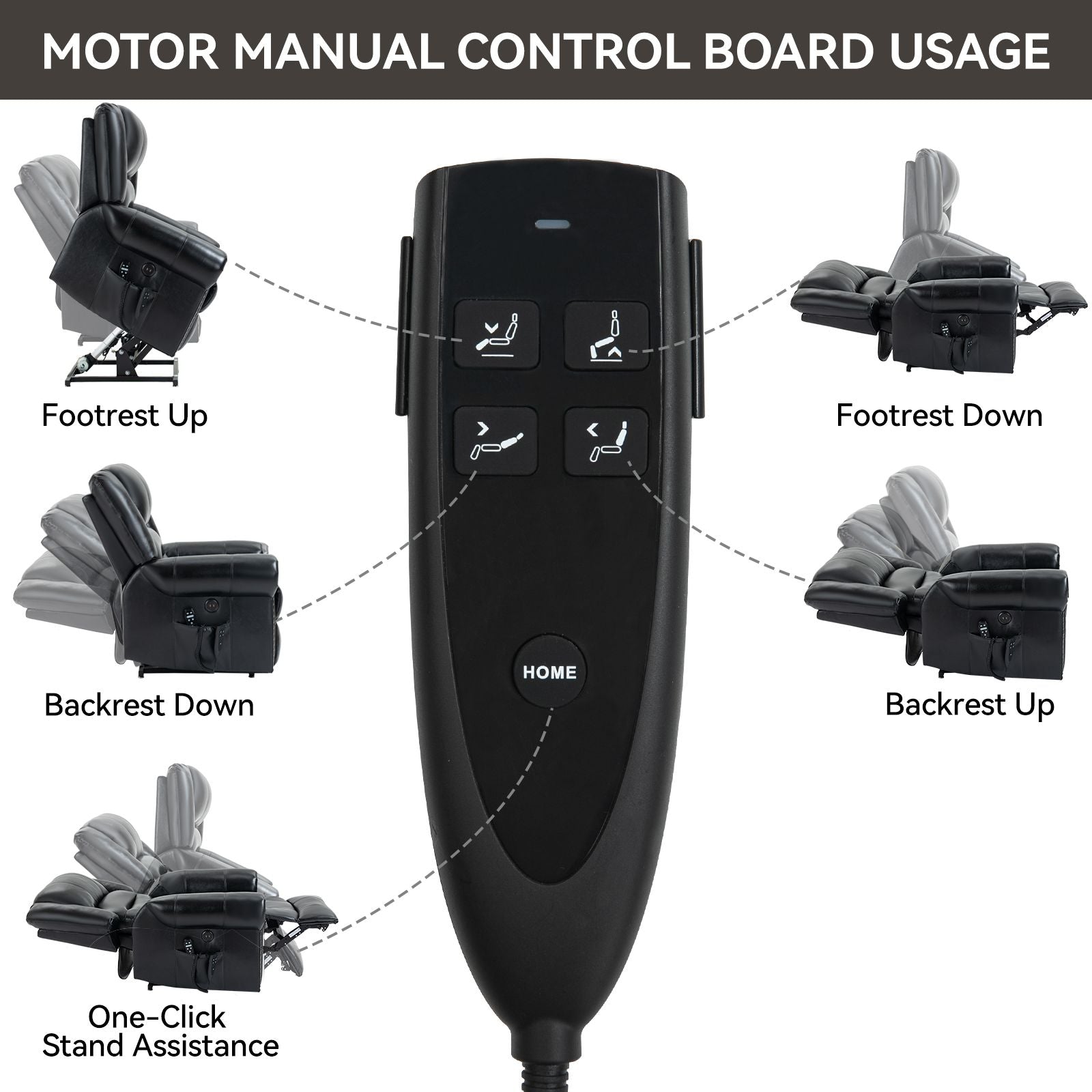 Black power lift recliner remote control with labeled buttons for footrest, backrest, and stand assistance adjustments