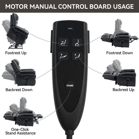 Black power lift recliner remote control with labeled buttons for footrest, backrest, and stand assistance adjustments