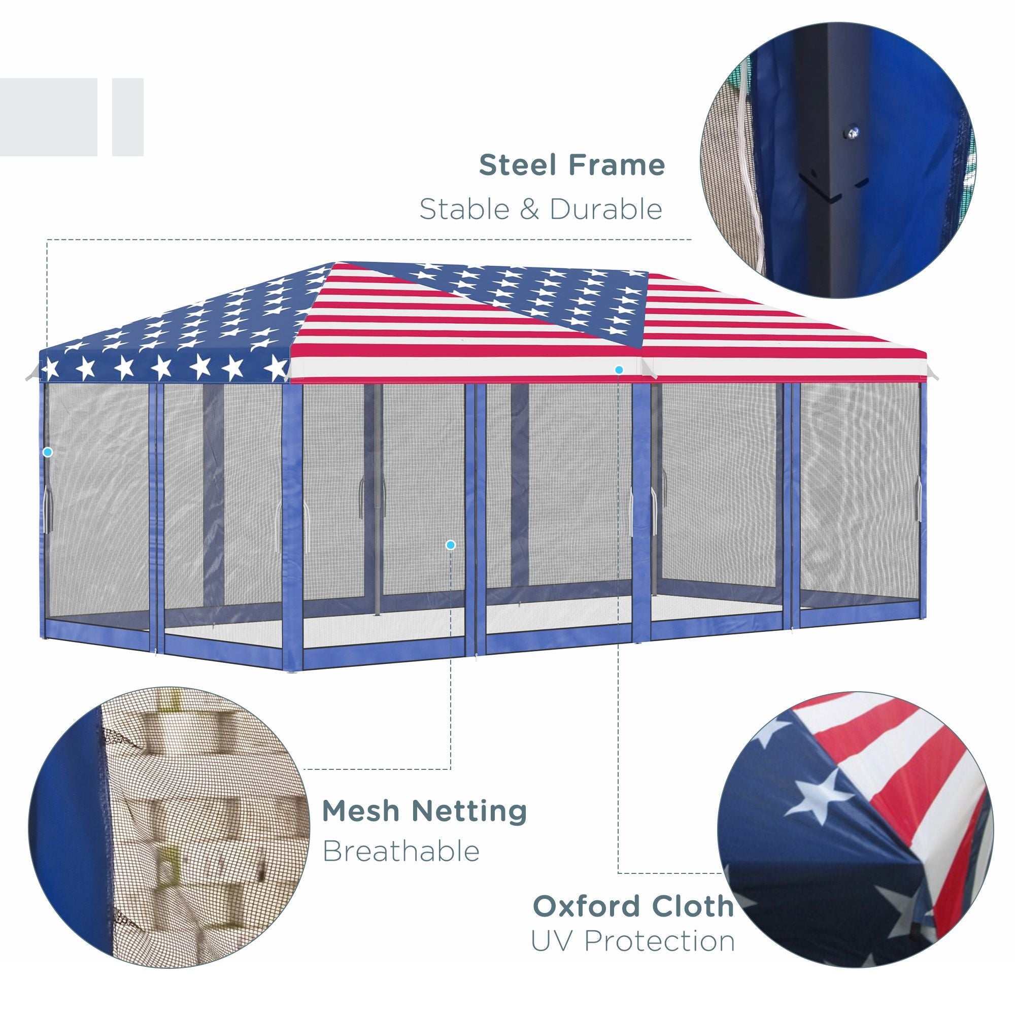 Patriotic 10x20 pop-up canopy tent with American flag design, breathable mesh sidewalls, powder-coated steel frame, and UV protection oxford cloth for outdoor gatherings.