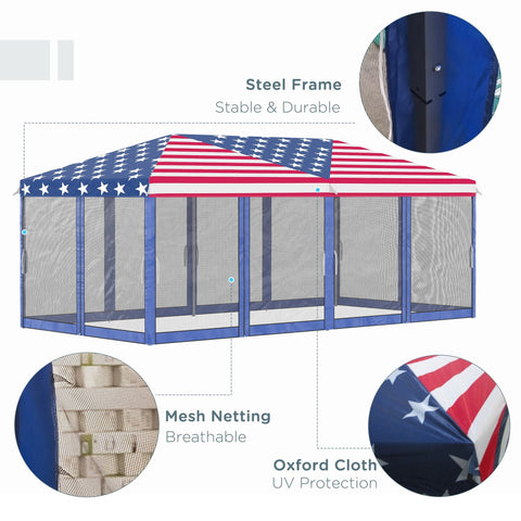 Patriotic 10x20 pop-up canopy tent with American flag design, breathable mesh sidewalls, powder-coated steel frame, and UV protection oxford cloth for outdoor gatherings.
