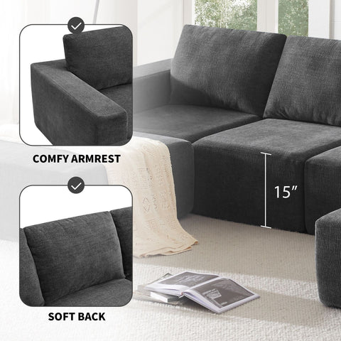 Luxury modular U-shaped sectional sofa in dark gray chenille fabric with comfy armrests and soft back cushions, seating for six, no assembly required