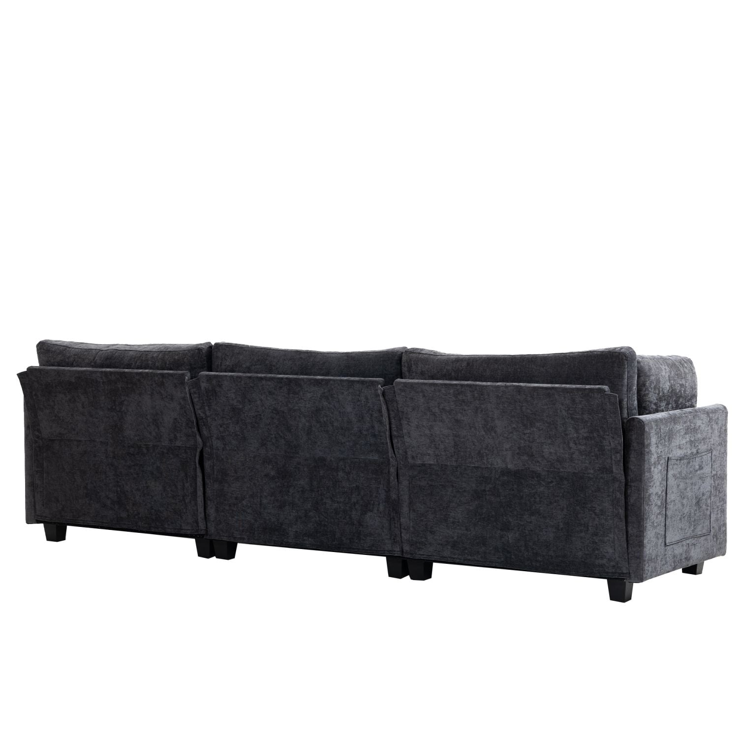 Ultra-soft dark grey XXXL 3-seater chenille sofa with side pocket and wooden frame.