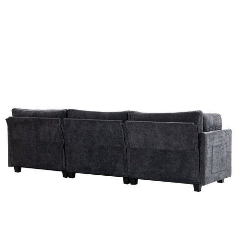 Ultra-soft dark grey XXXL 3-seater chenille sofa with side pocket and wooden frame.