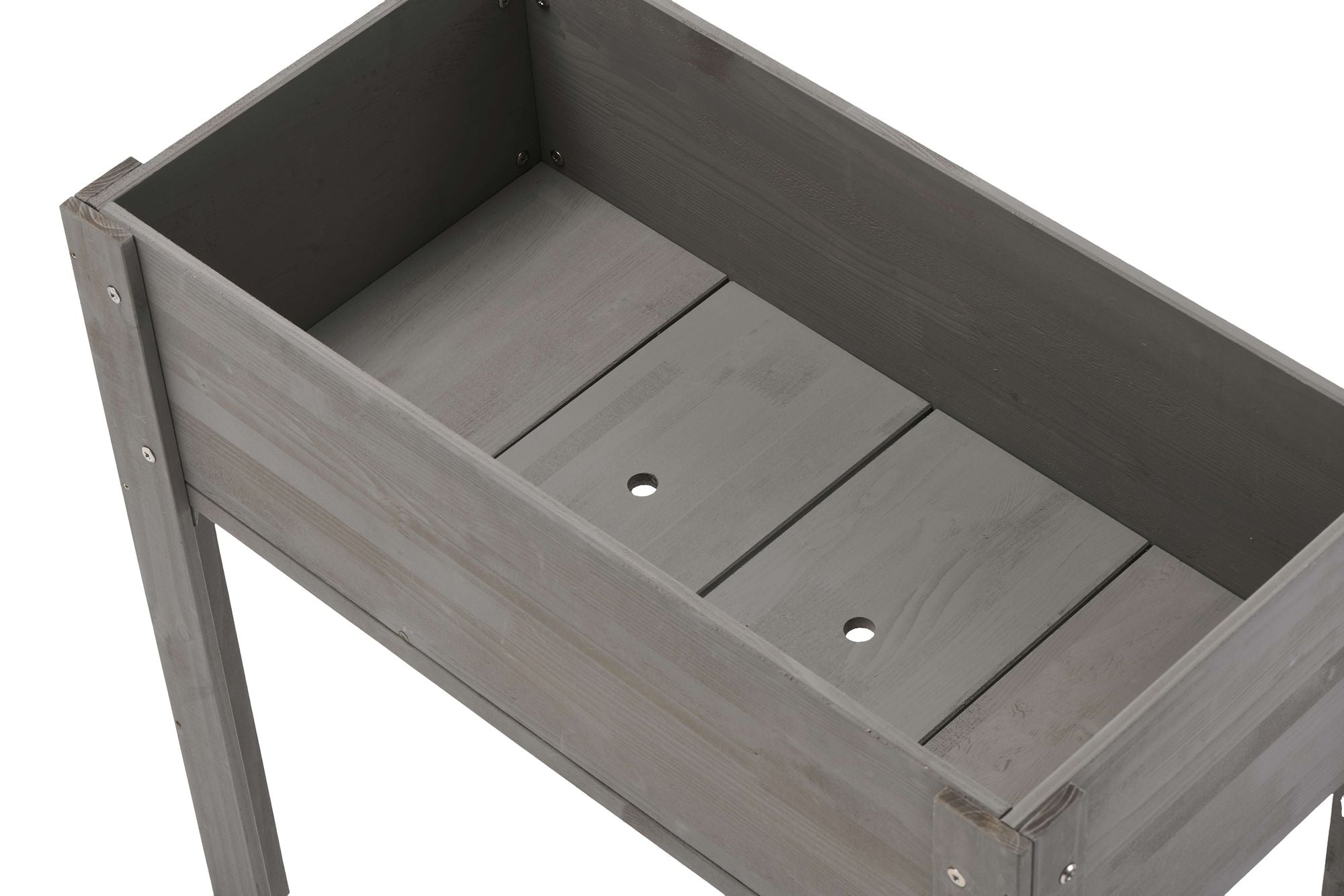 Grey solid wood raised garden bed with legs, elevated planter box for outdoor plants and vegetables