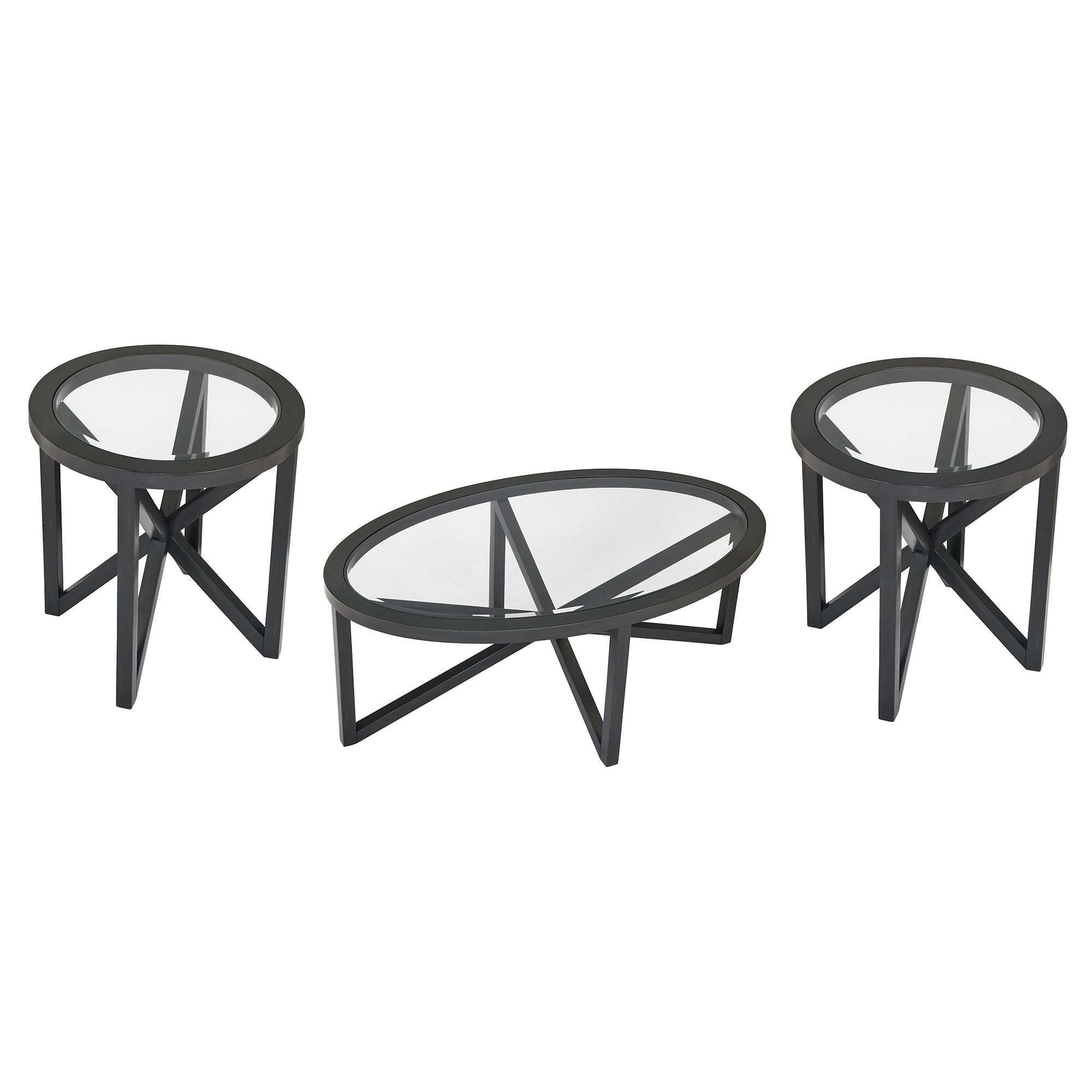 Modern simple glass coffee table set with round tempered glass tops and solid black wood bases for living room.
