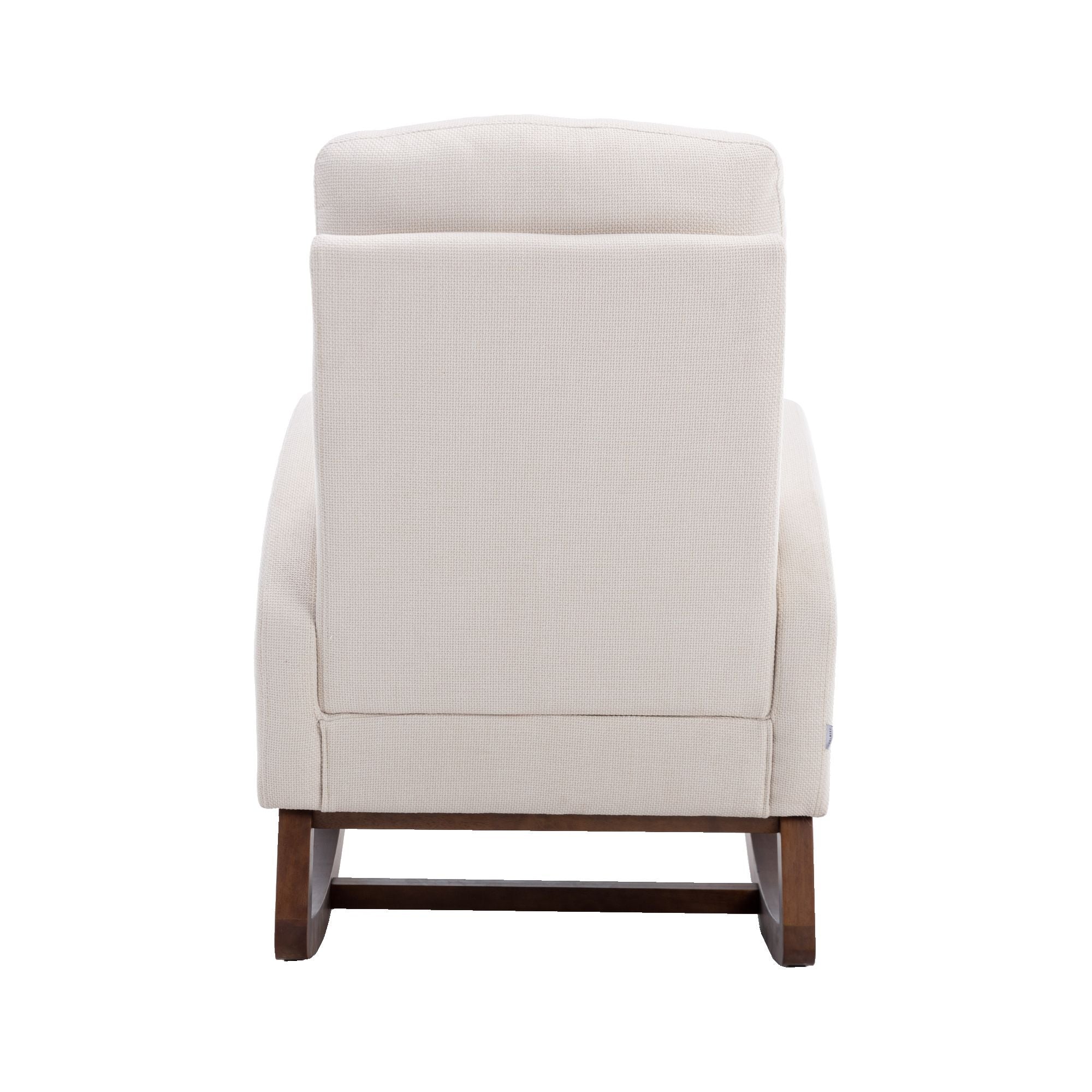 Beige COOLMORE Rocking Chair with modern glider design, wood legs, side pocket, and high back upholstered in linen fabric.