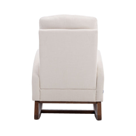 Beige COOLMORE Rocking Chair with modern glider design, wood legs, side pocket, and high back upholstered in linen fabric.