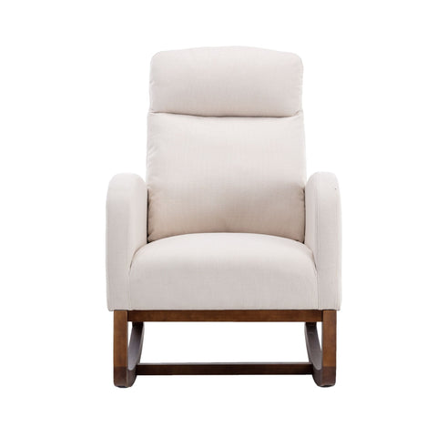 Beige COOLMORE rocking chair with foam cushion, solid wood legs, high back, and side pocket for living room or nursery.