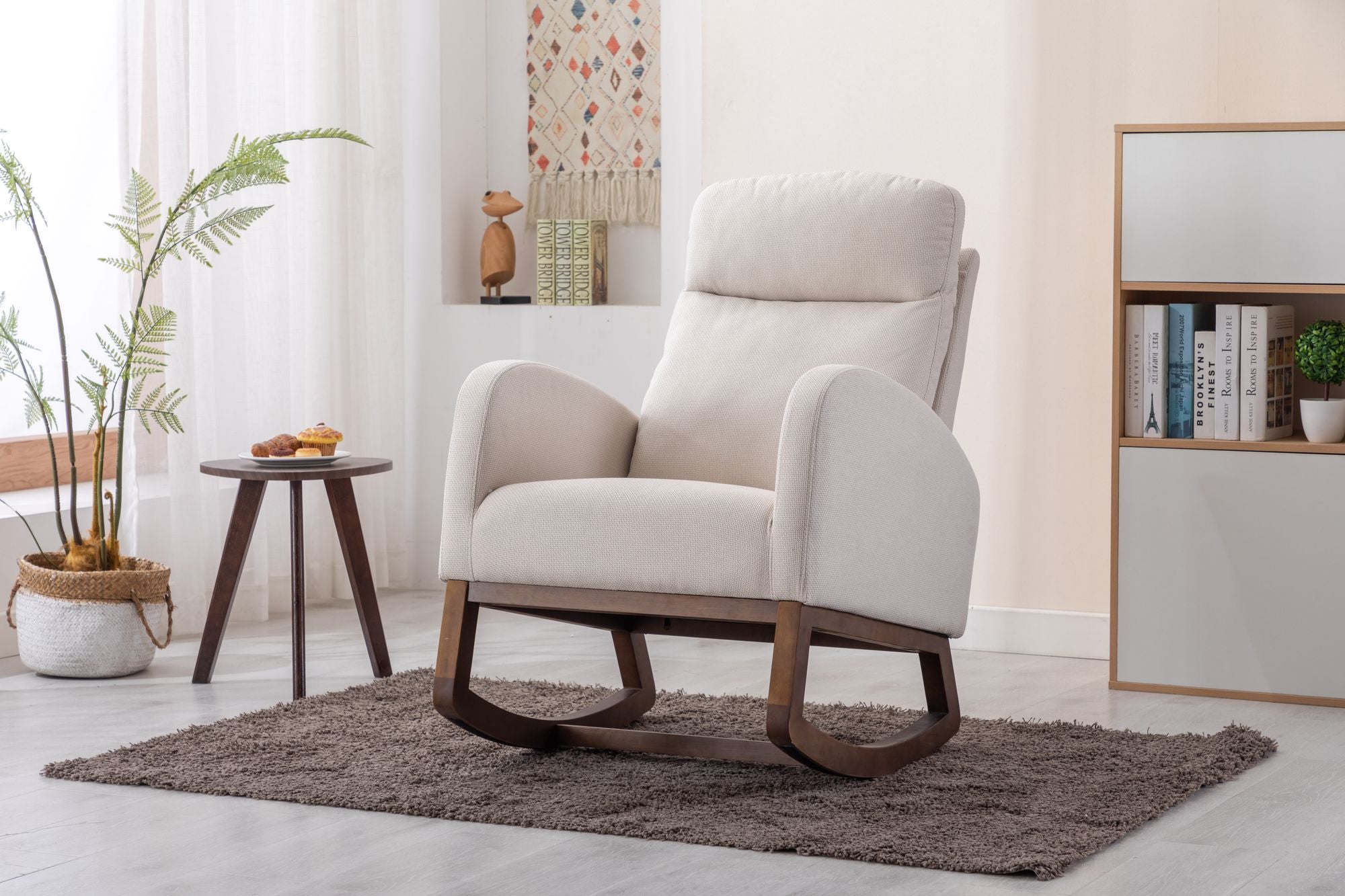 Beige COOLMORE Rocking Chair with wooden legs and cushioned high back in modern living room setting