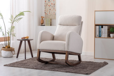 Beige COOLMORE Rocking Chair with wooden legs and cushioned high back in modern living room setting