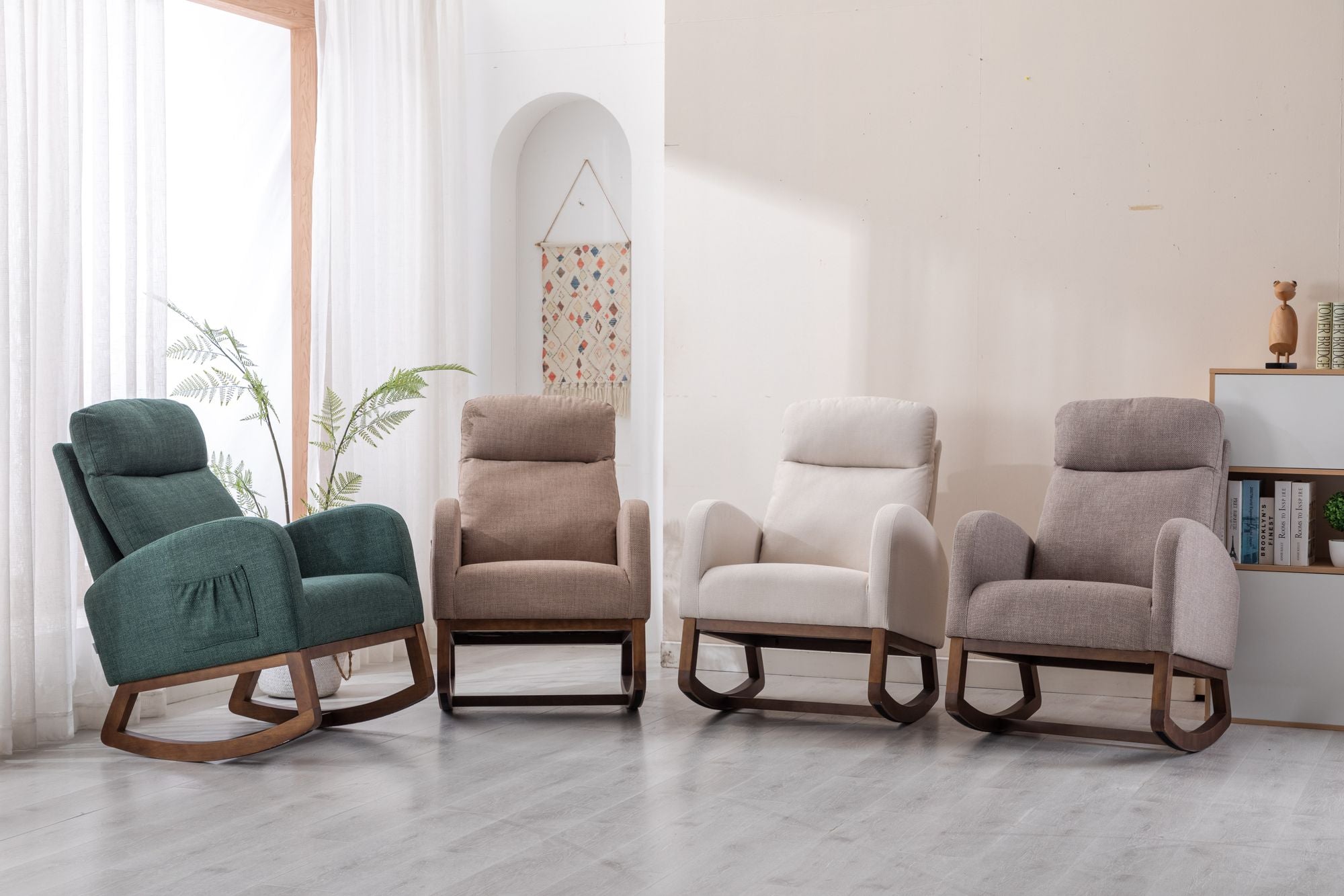 Collection of modern COOLMORE rocking chairs in green, beige, white, and brown fabric with wooden legs in a bright living room setting