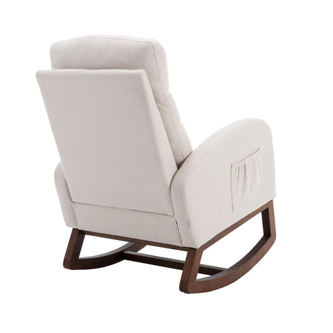 COOLMORE beige linen rocking chair with wood legs and side pocket, modern glider recliner armchair for living room and nursery
