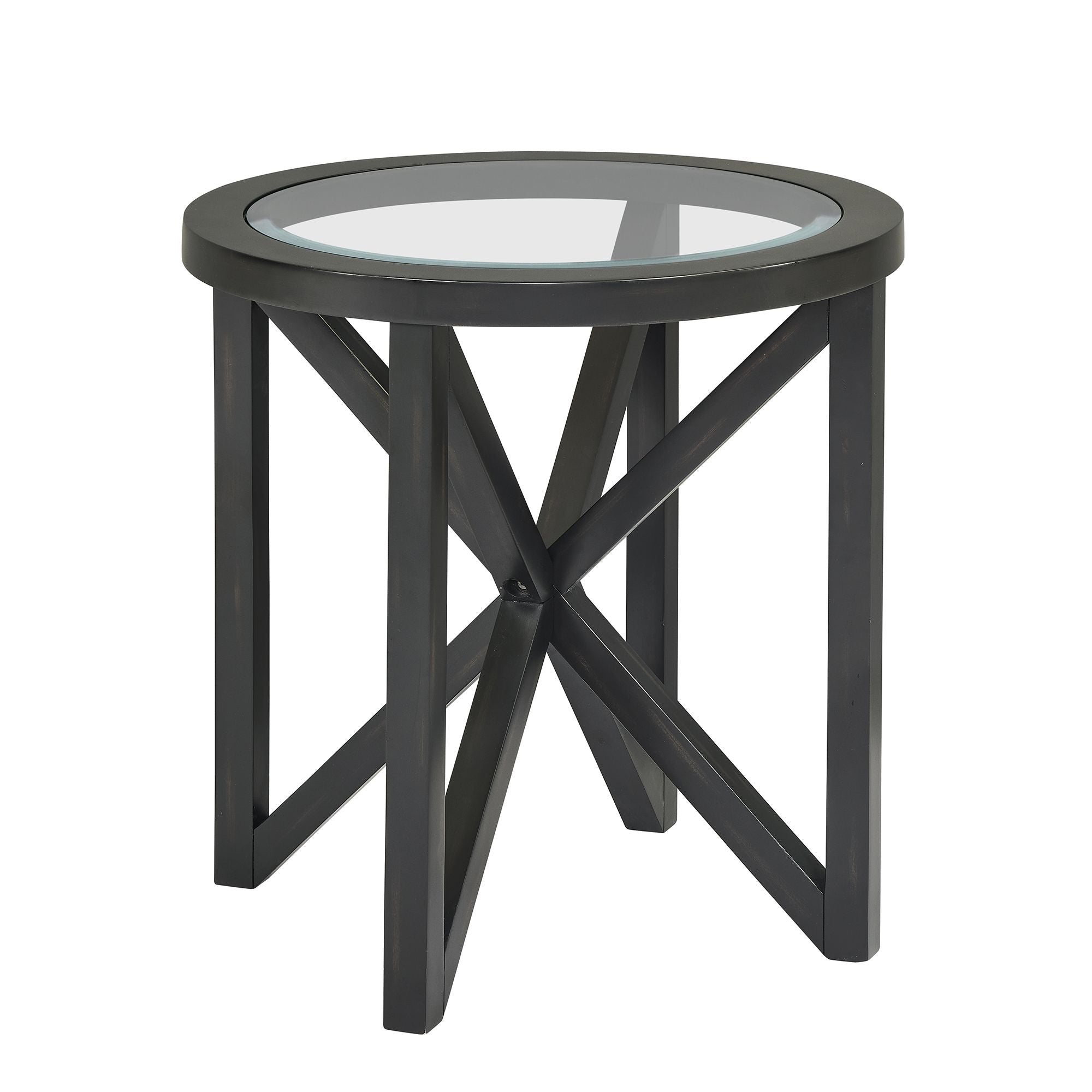 modern simple glass round coffee table with tempered glass top and black solid wood base