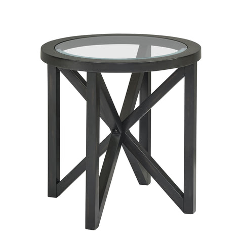 modern simple glass round coffee table with tempered glass top and black solid wood base