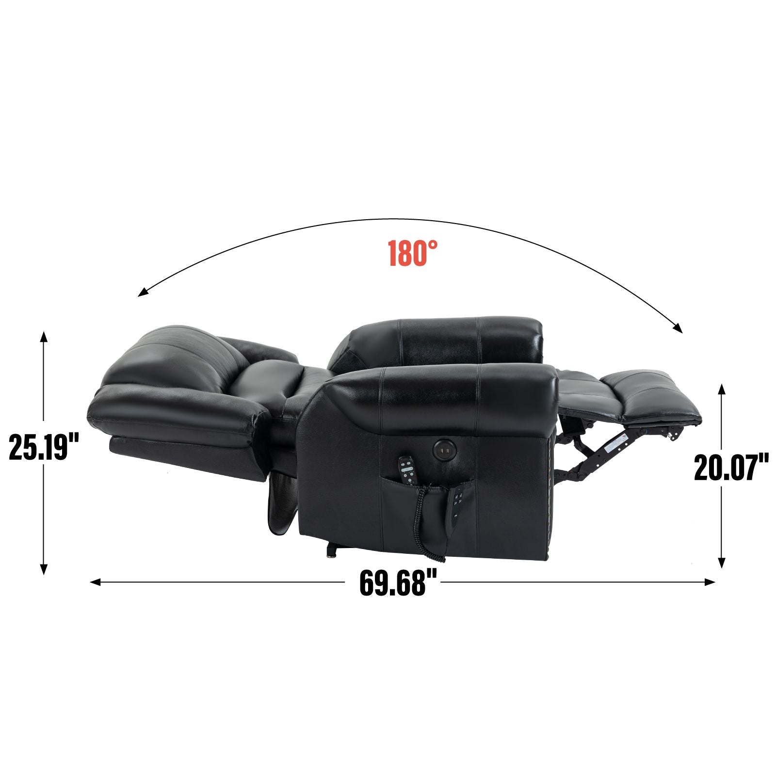 Black genuine leather power lift recliner chair with remote control, dual motor, massage and heat functions, USB ports, and pillow back design.