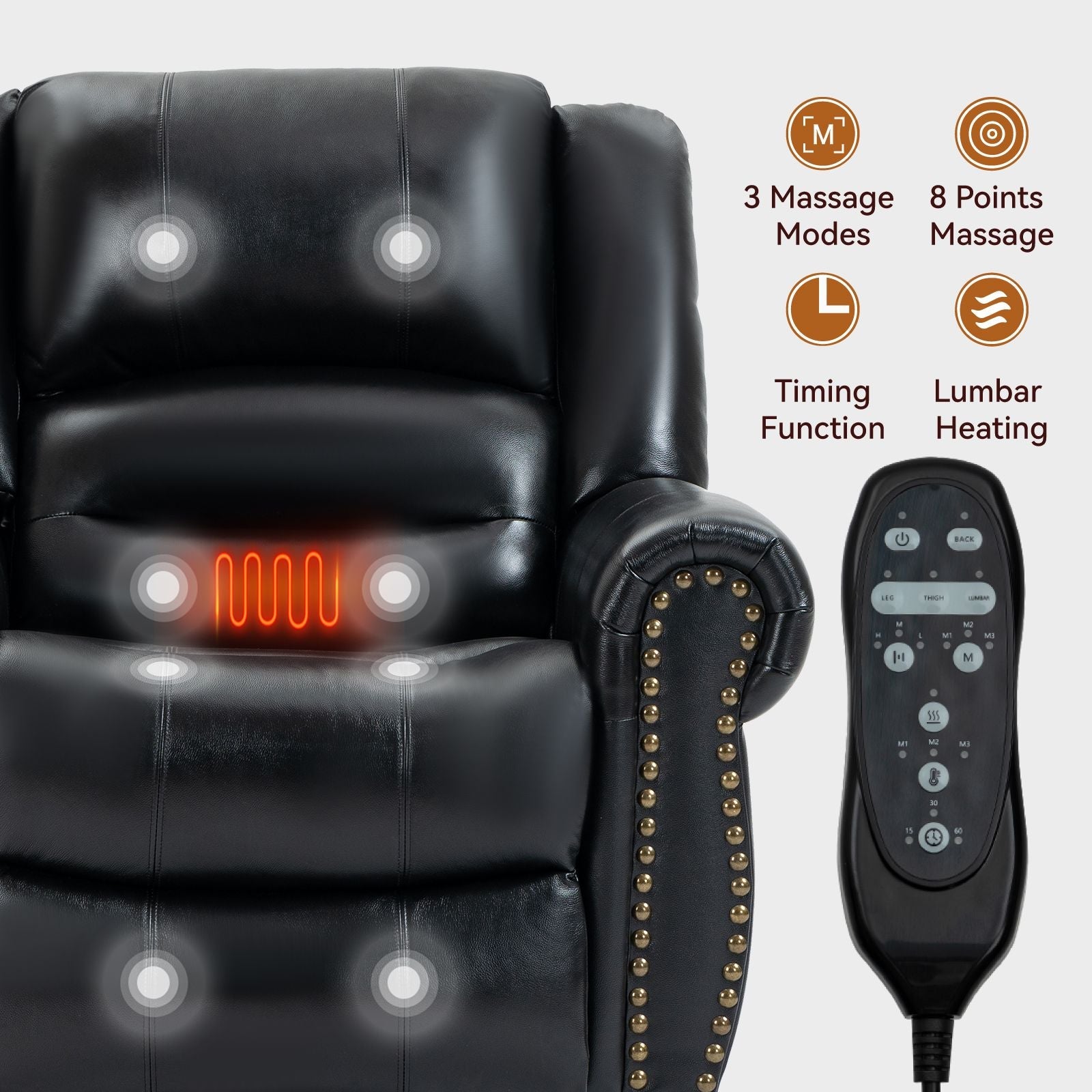 Black genuine leather power lift recliner chair with massage and lumbar heat features, dual motor, USB ports, and remote control.