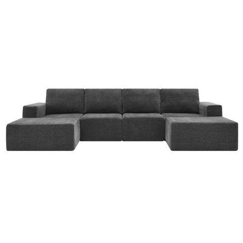 Luxury modular U-shaped sectional sofa in dark gray chenille fabric with six seats and ottomans, no assembly required.