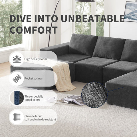 Luxury modular U shaped sectional sofa in dark gray chenille fabric with high-density foam and pocket springs, set in a modern living room.