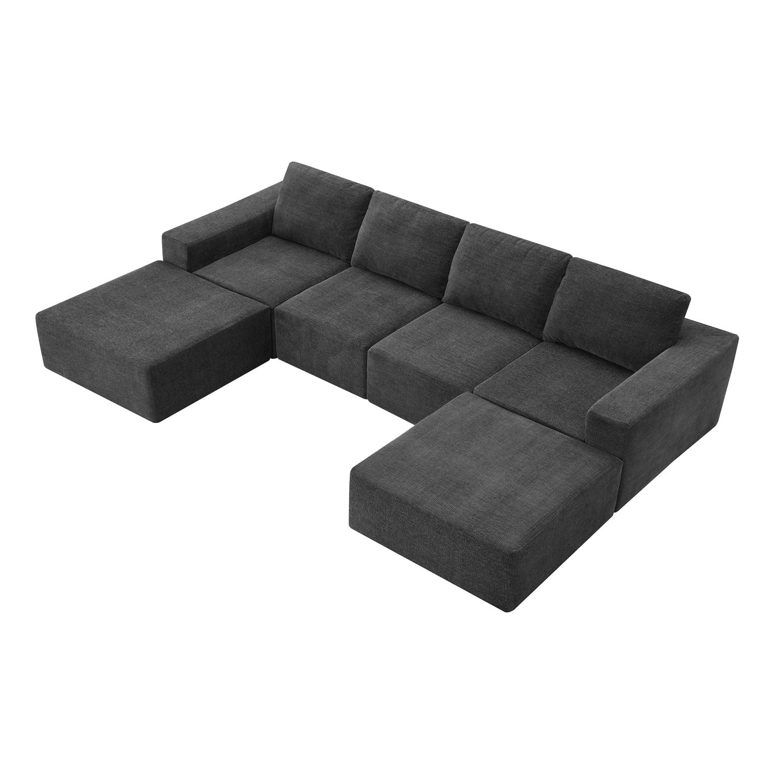 Luxury modular U shaped sectional sofa in dark gray chenille with ottomans, seating six, no assembly required