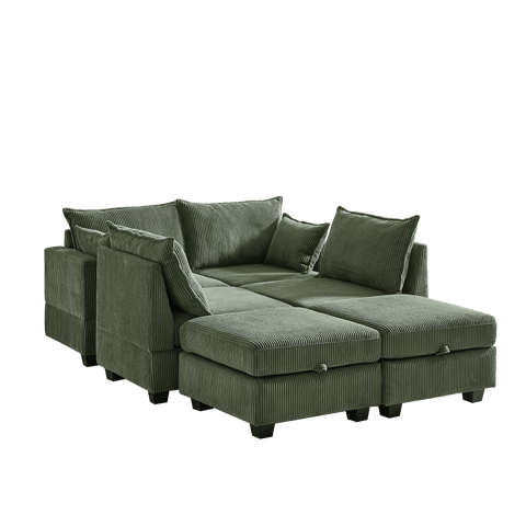 Green 6-seat modular sectional sofa in corduroy fabric with U-shape design and storage ottoman