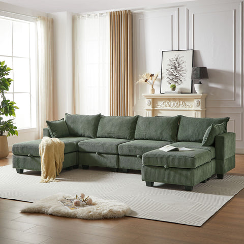 Green corduroy modular sectional sofa with chaise and storage ottoman in modern living room setting