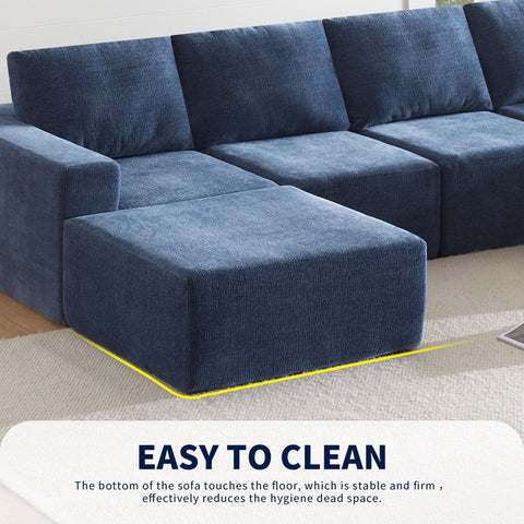 Navy blue luxury modular U-shaped chenille sectional sofa with ottomans, plush and easy to clean