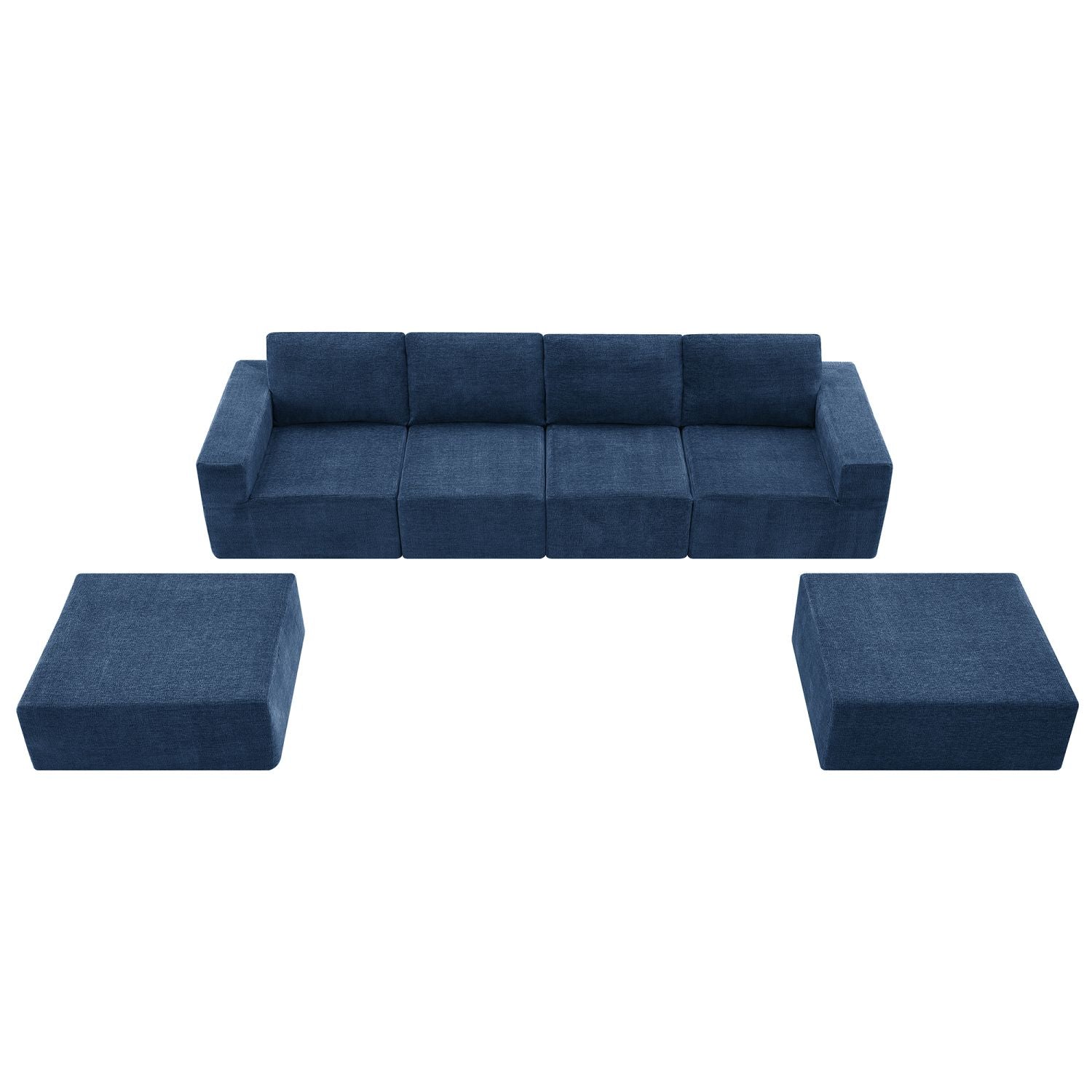 Luxury navy blue modular U-shaped chenille sectional sofa with ottomans and plush cushioning
