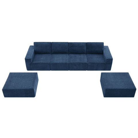 Luxury navy blue modular U-shaped chenille sectional sofa with ottomans and plush cushioning