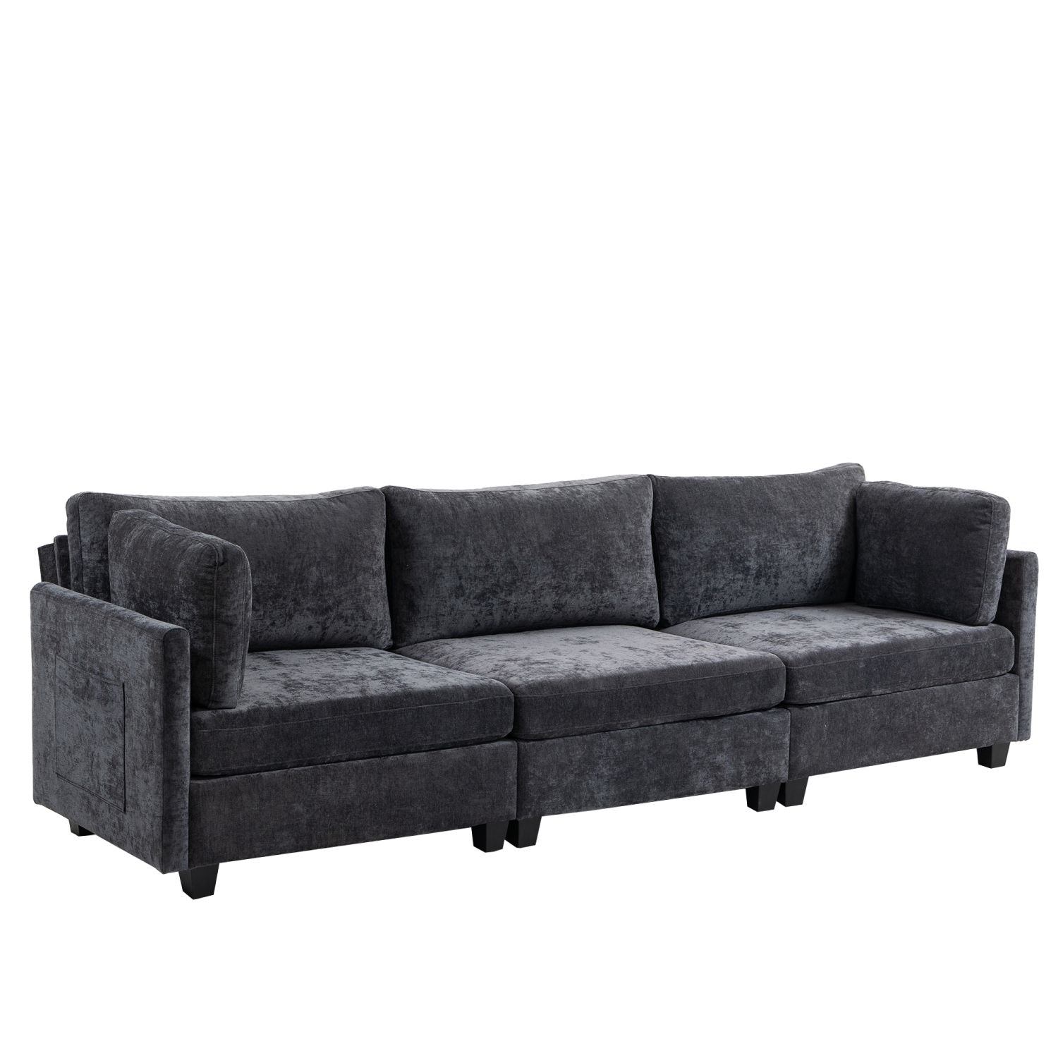 Ultra-soft dark grey XXXL chenille 3-seater sofa with plush cushions and side storage pocket