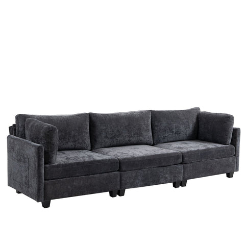 Ultra-soft dark grey XXXL chenille 3-seater sofa with plush cushions and side storage pocket