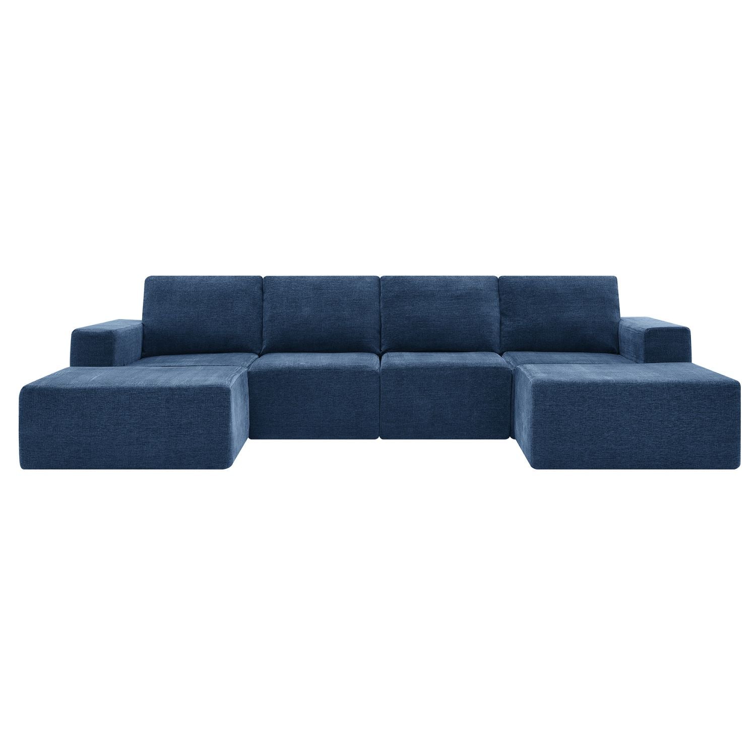 Navy blue luxury modular U-shaped chenille sectional sofa with ottomans, seating six, 110x72 inches, no assembly required.