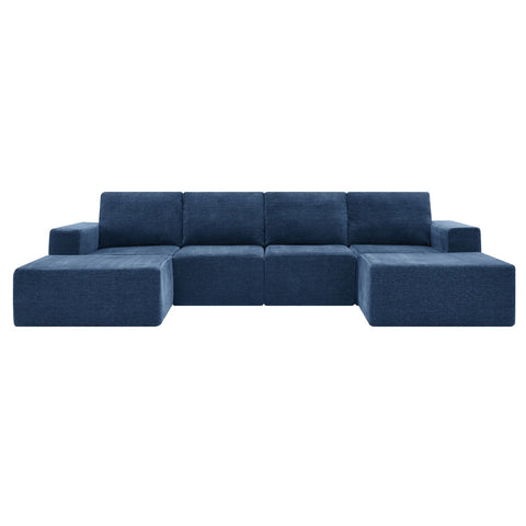 Navy blue luxury modular U-shaped chenille sectional sofa with ottomans, seating six, 110x72 inches, no assembly required.