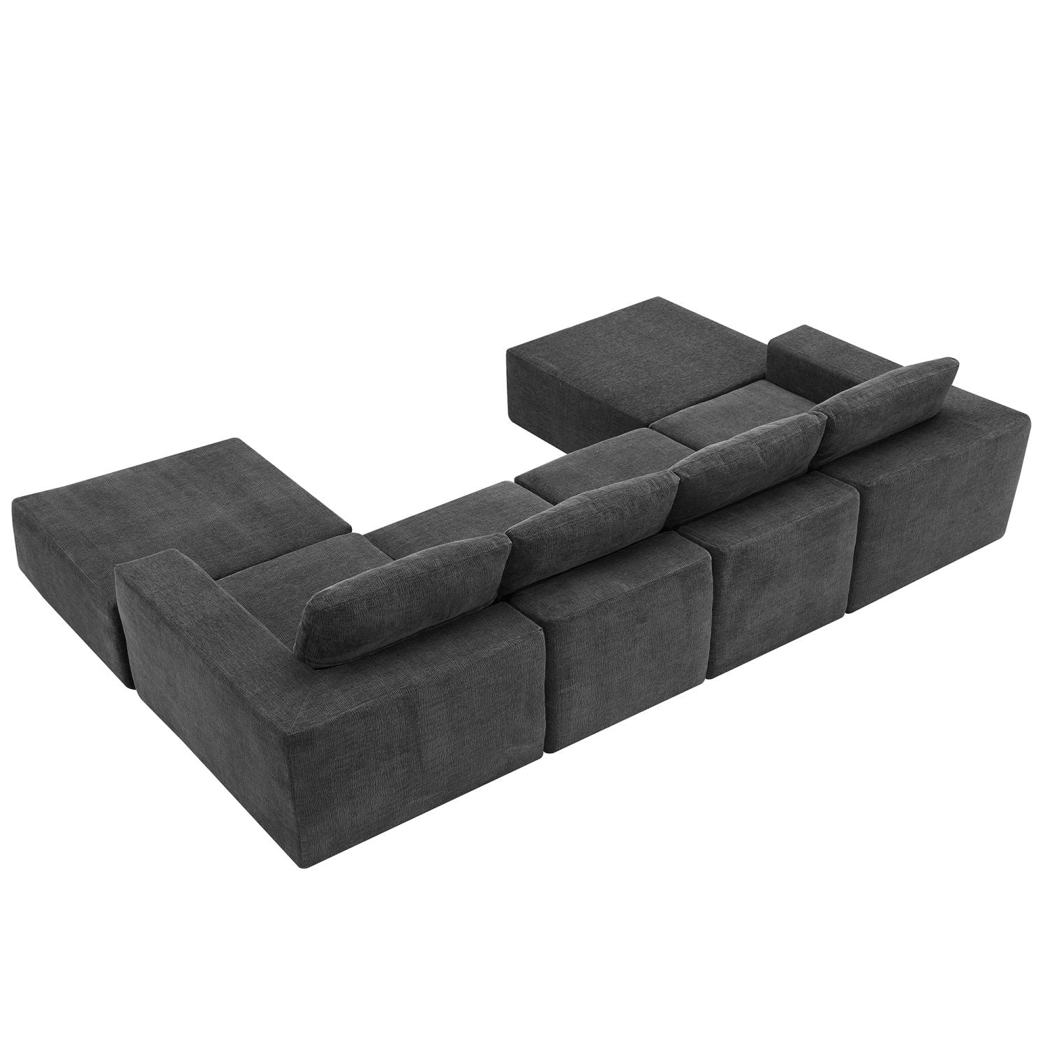 Dark gray luxury modular U-shaped sectional sofa with ottomans, upholstered in soft chenille fabric, seating six, no assembly required.