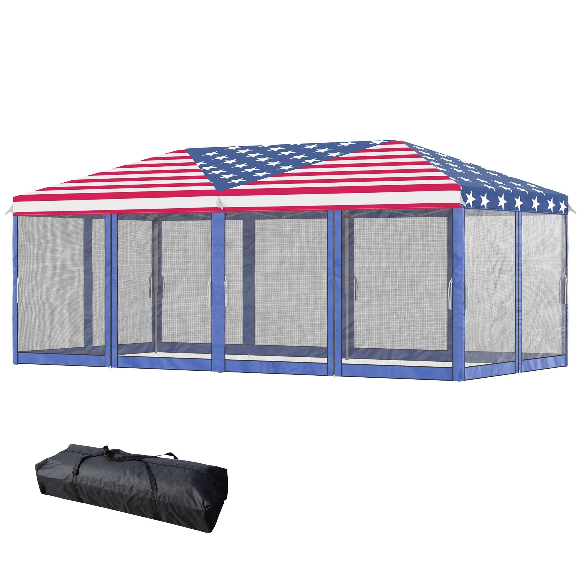 Patriotic 10x20 pop-up canopy tent with American flag roof pattern and mesh sidewalls, including carrying bag for outdoor gatherings