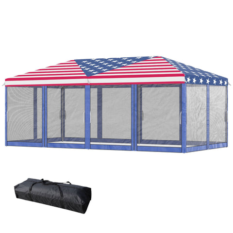Patriotic 10x20 pop-up canopy tent with American flag roof pattern and mesh sidewalls, including carrying bag for outdoor gatherings