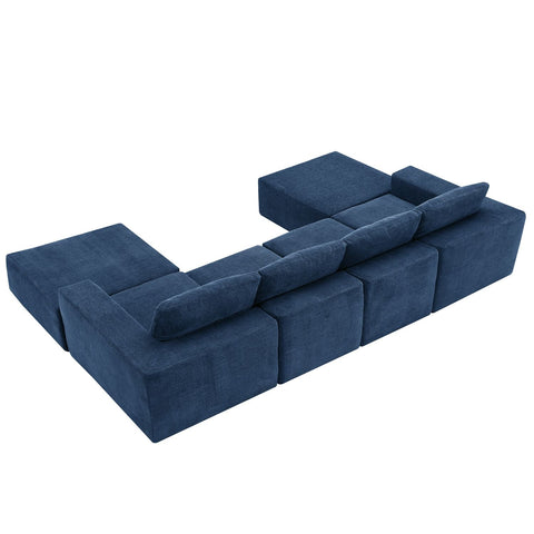 Navy blue luxury modular U-shape chenille sectional sofa with ottomans, seating six, plush foam and spring support, no assembly required